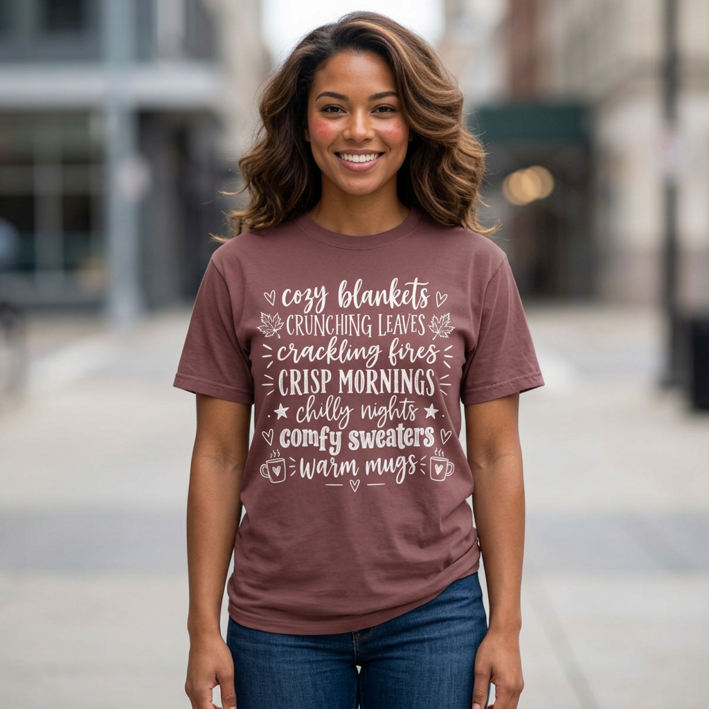 Cozy Fall autumn favorites teacher tee – front view