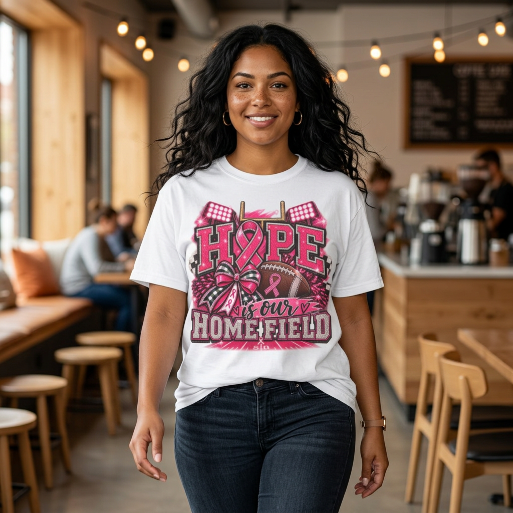 Hope Is Our Home Field cancer awareness football t-shirt – front view