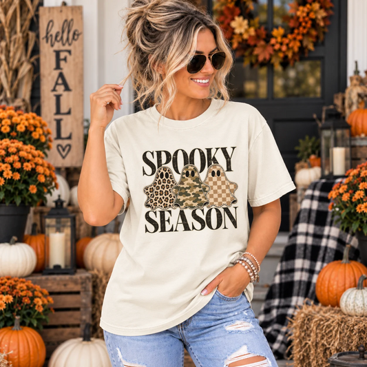 Spooky Season Ghost Halloween teacher shirt – flat lay