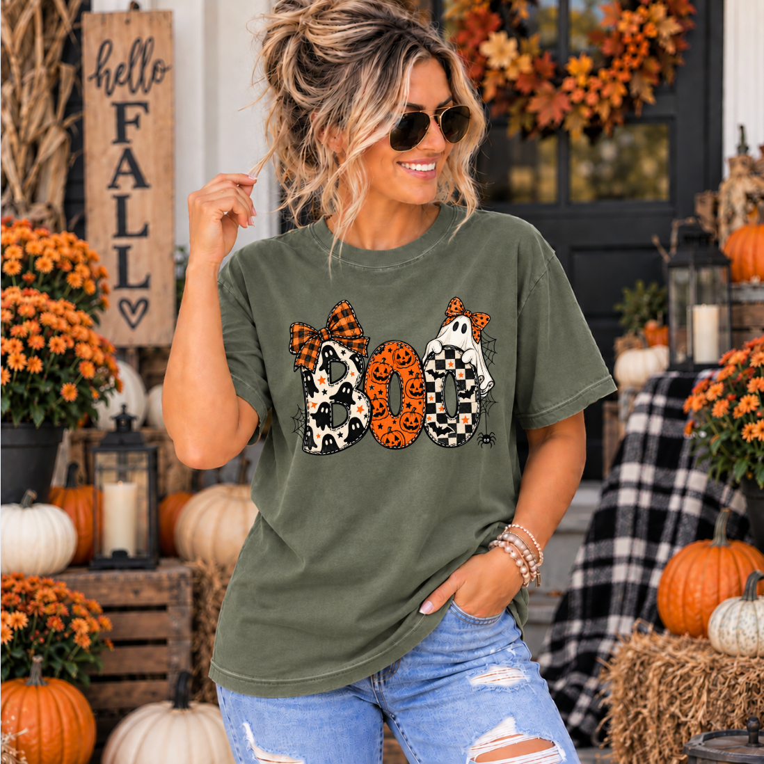 Boo Ghost cute Halloween teacher t-shirt – close-up detail