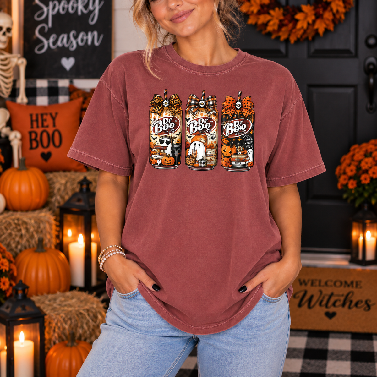 Halloween teacher shirt with retro spooky drink graphics on a brick Comfort Colors tee.