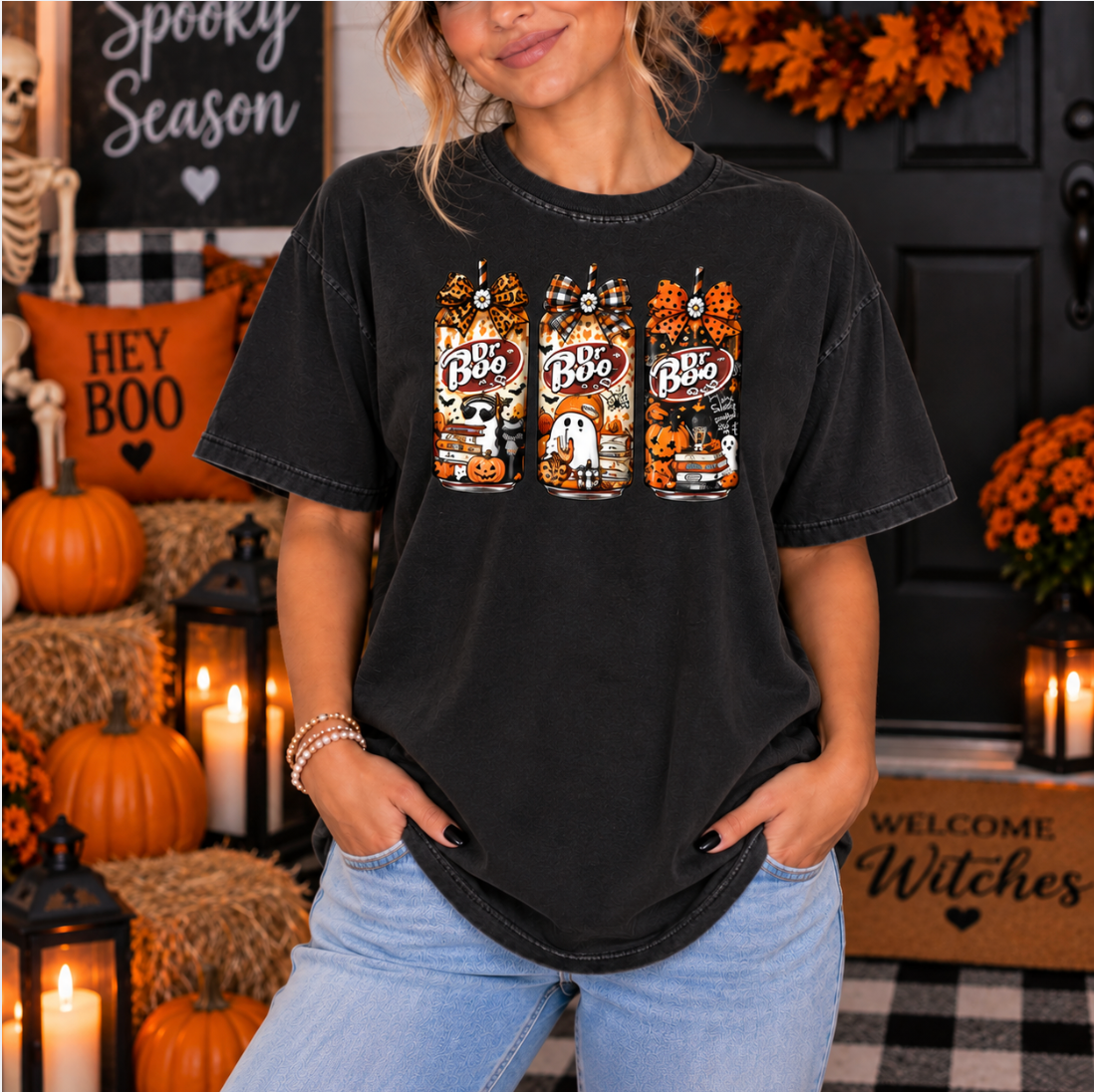 Halloween teacher shirt with retro spooky drink graphics on a black Comfort Colors tee.