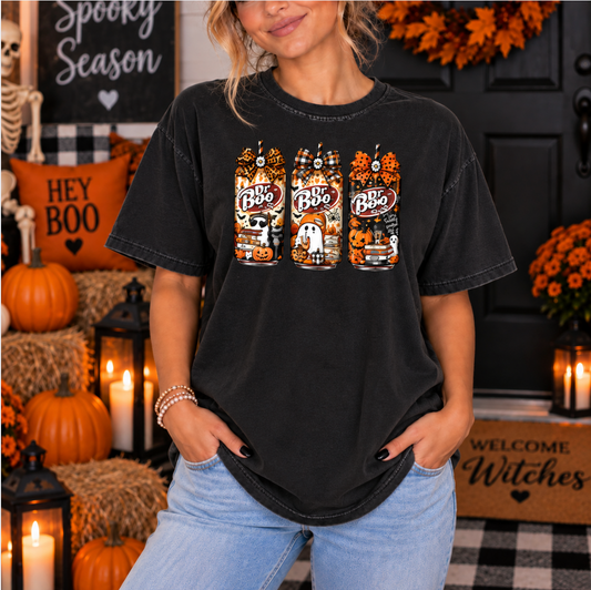 Halloween teacher shirt with retro spooky drink graphics on a black Comfort Colors tee.