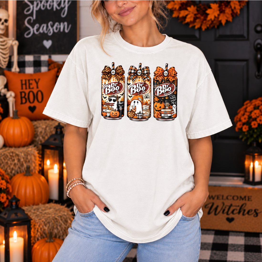 Halloween teacher shirt with retro spooky drink graphics on a white Comfort Colors tee