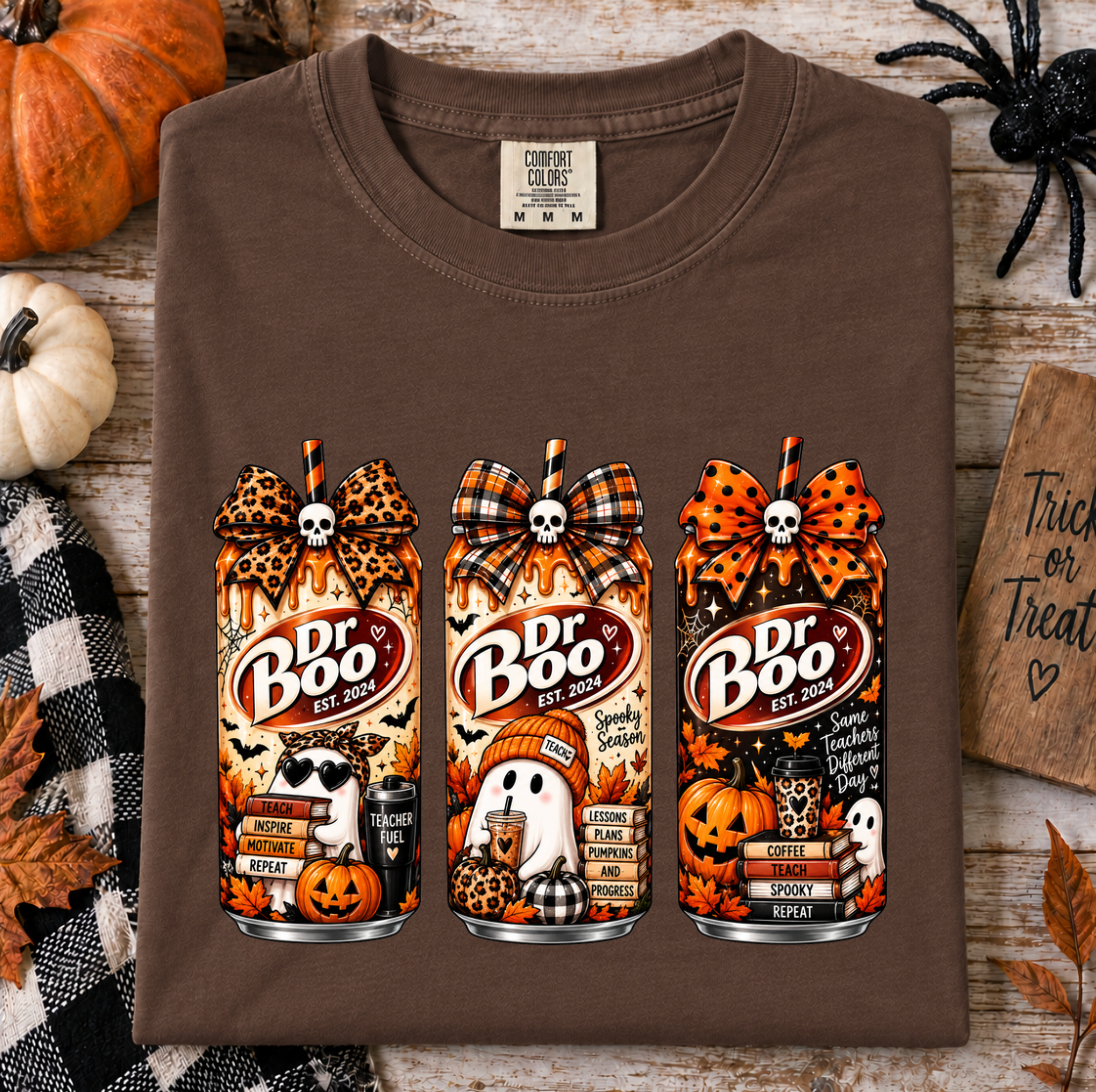 Halloween teacher shirt in espresso with retro spooky drink graphics and fall classroom details.