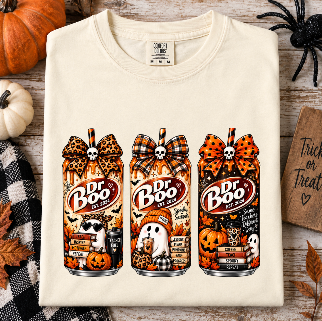 Halloween teacher shirt in ivory with retro spooky drink graphics and fall classroom details