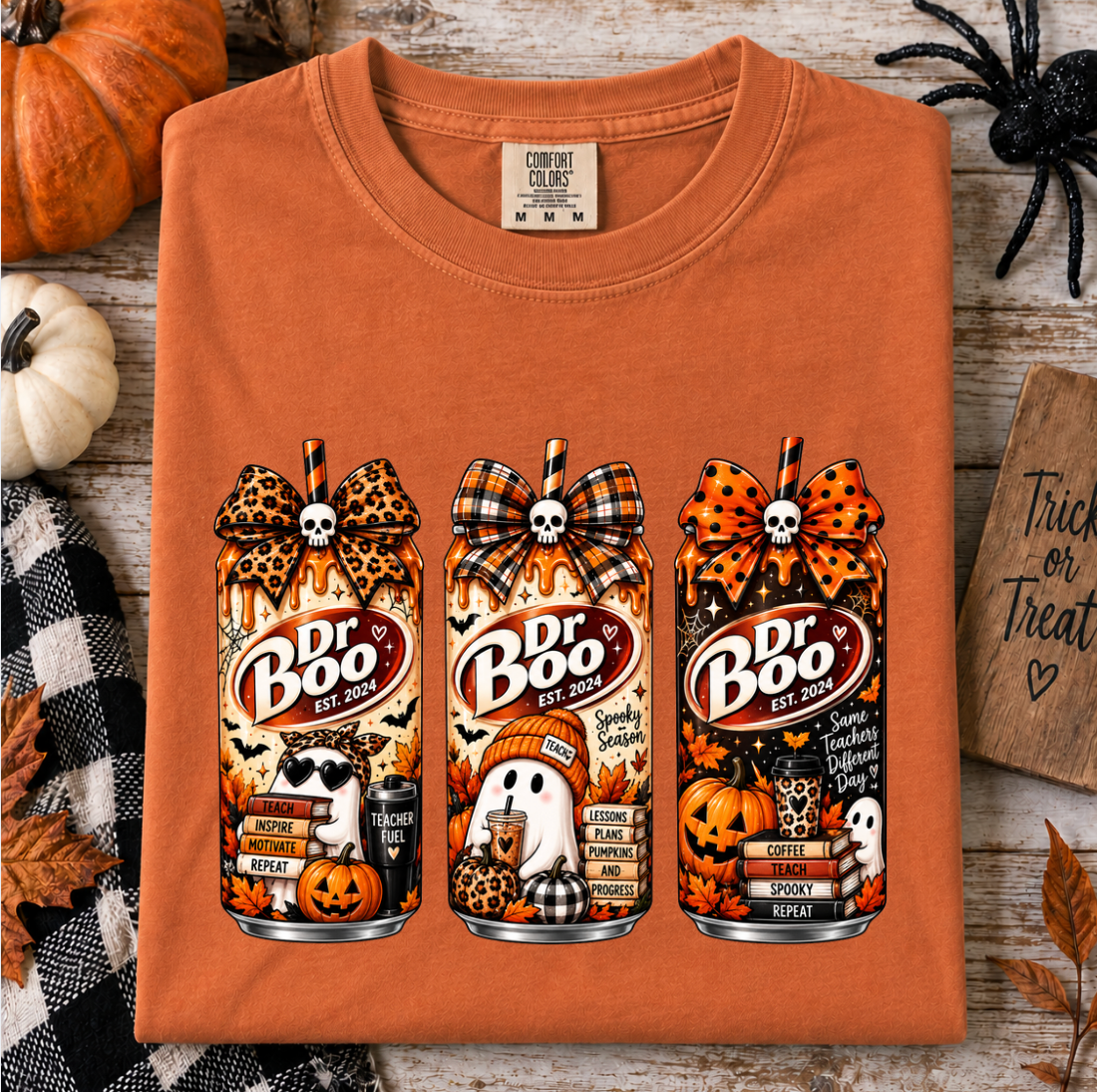 Halloween teacher shirt in yam with retro spooky drink graphics and fall classroom details