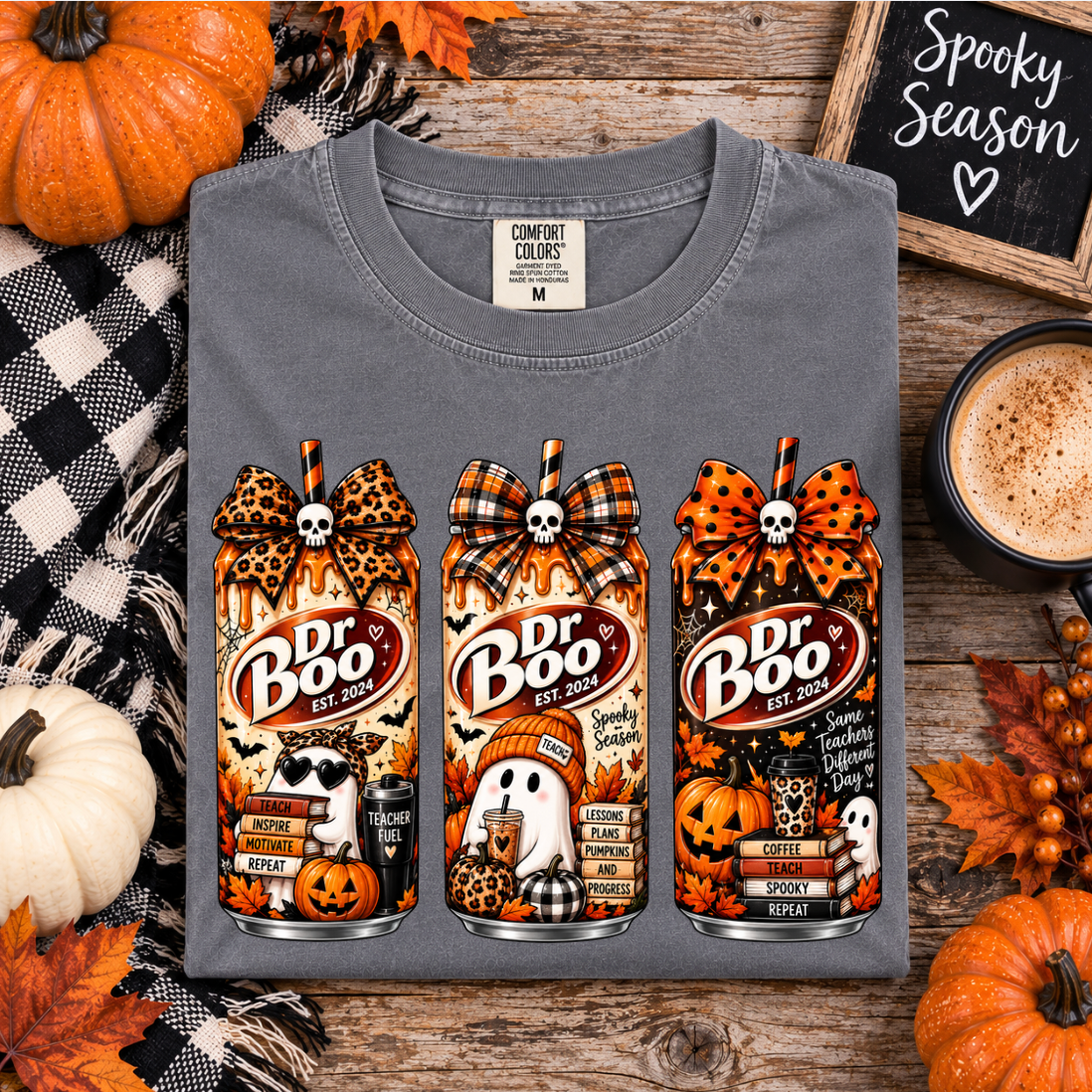 Halloween teacher shirt in granite with retro spooky drink graphics and fall classroom details