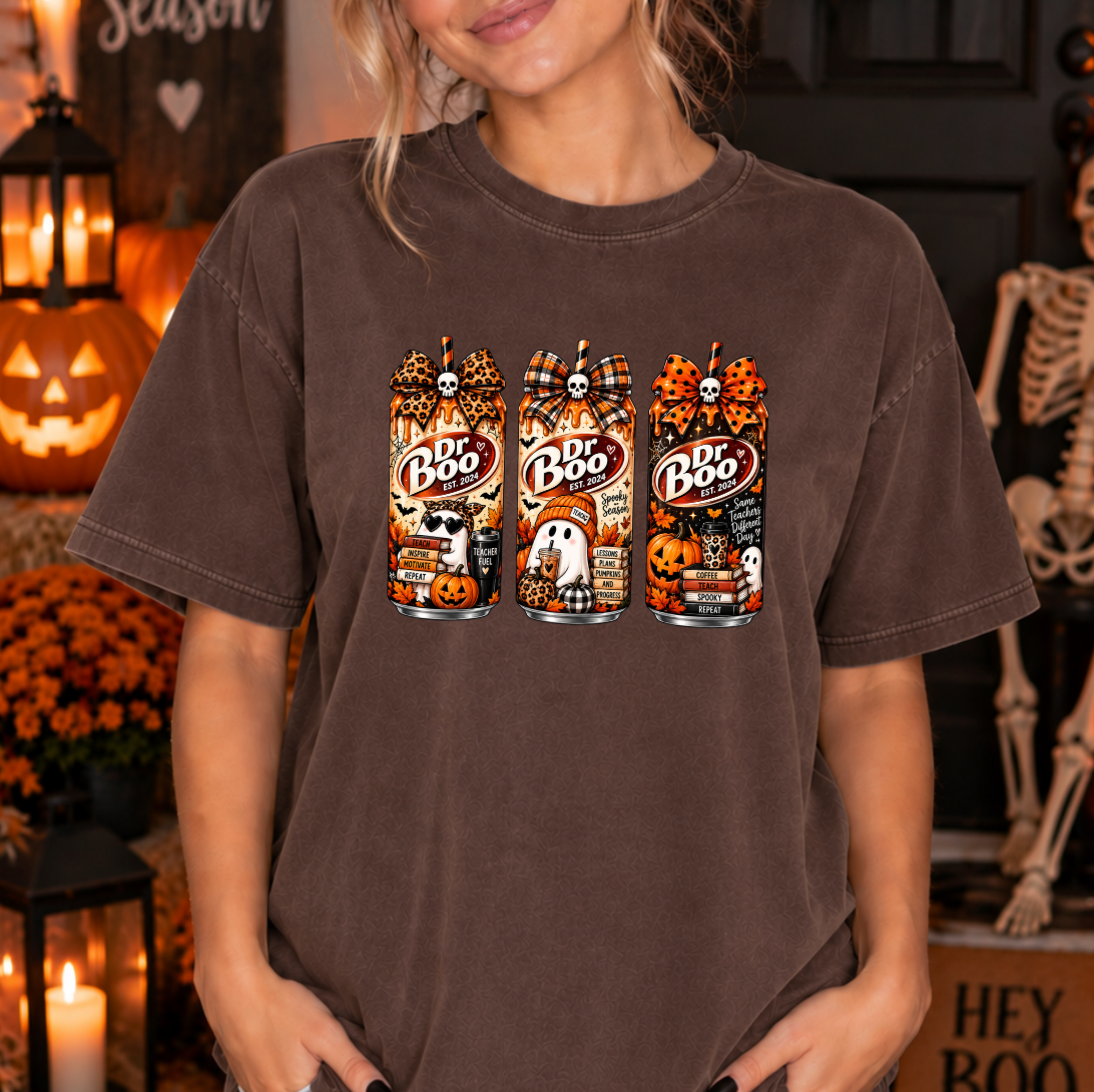 Halloween teacher shirt with retro spooky drink graphics on a espresso Comfort Colors tee.