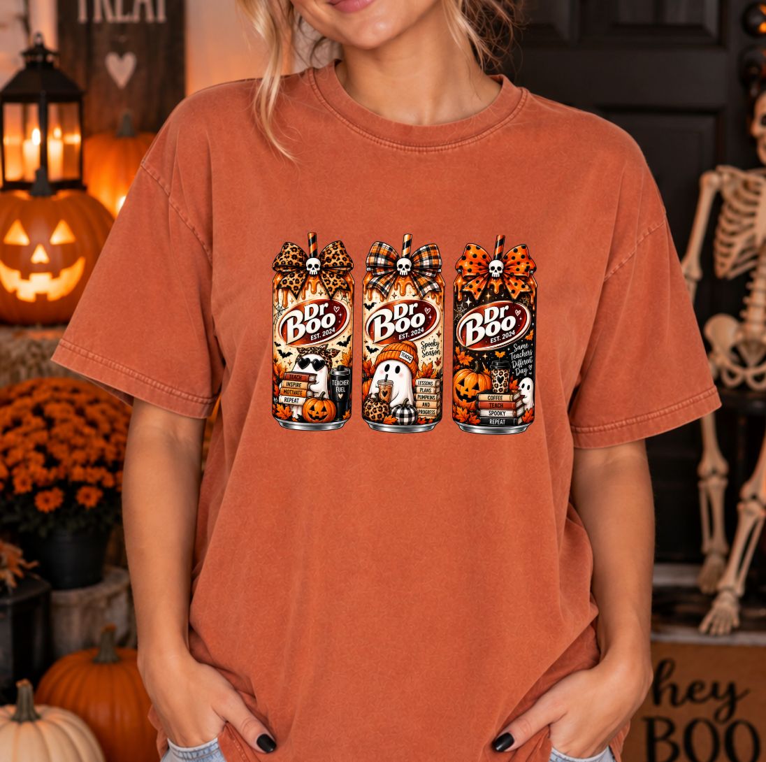 Halloween teacher shirt with retro spooky drink graphics on a yam Comfort Colors tee.