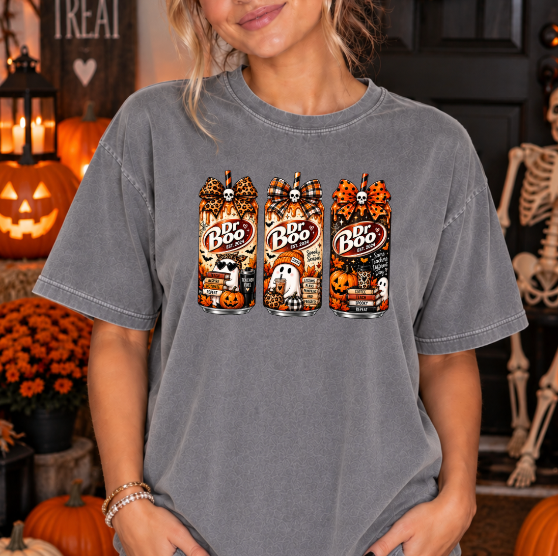 Halloween teacher shirt with retro spooky drink graphics on a granite Comfort Colors tee.