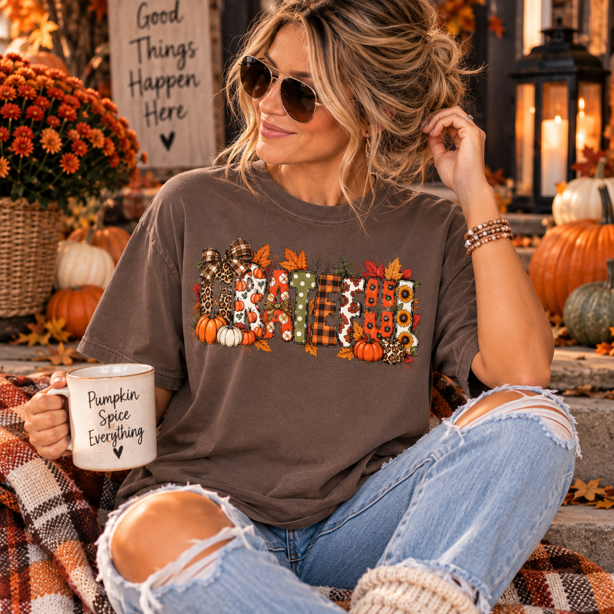 Grateful fall teacher shirt on Comfort Colors tee in an autumn classroom-inspired setting