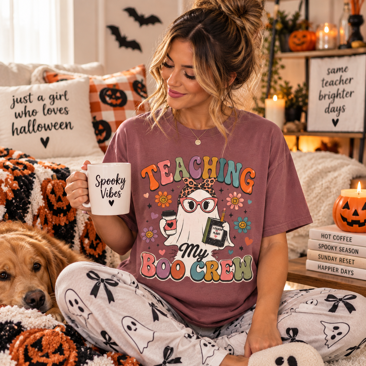 Brick Comfort Colors Teaching My Boo Crew shirt with retro Halloween teacher graphic.