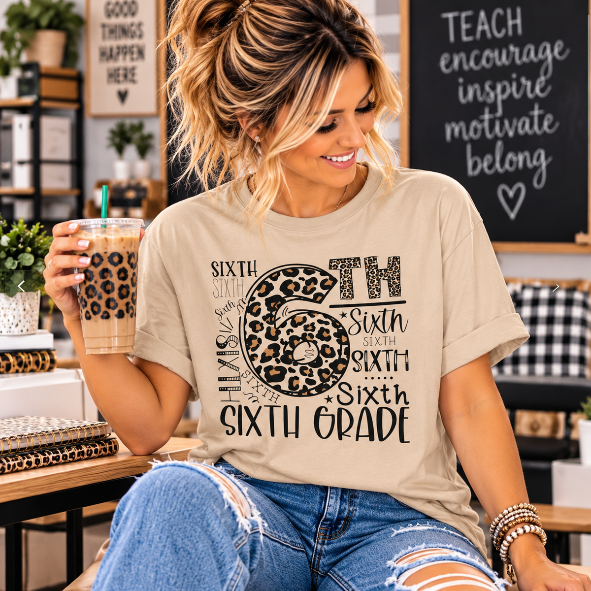 Sixth Grade leopard print teacher shirt – front view