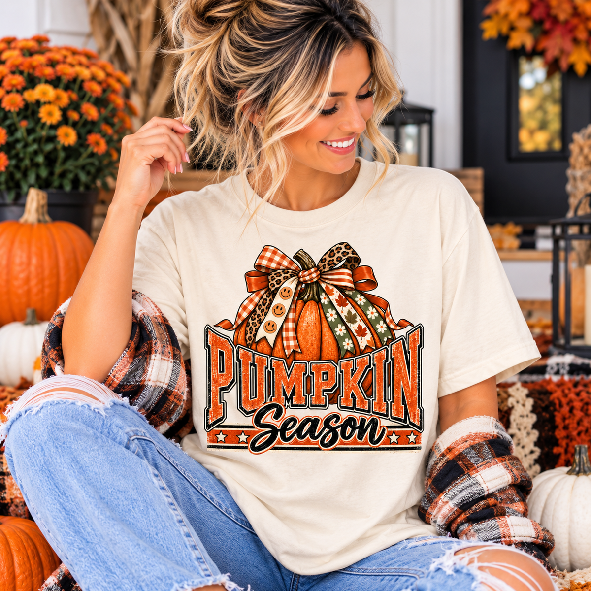 Pumpkin Season fall teacher tee with pumpkin and bow – front view