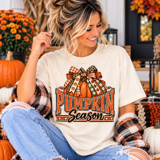 Pumpkin Season fall teacher tee with pumpkin and bow – front view