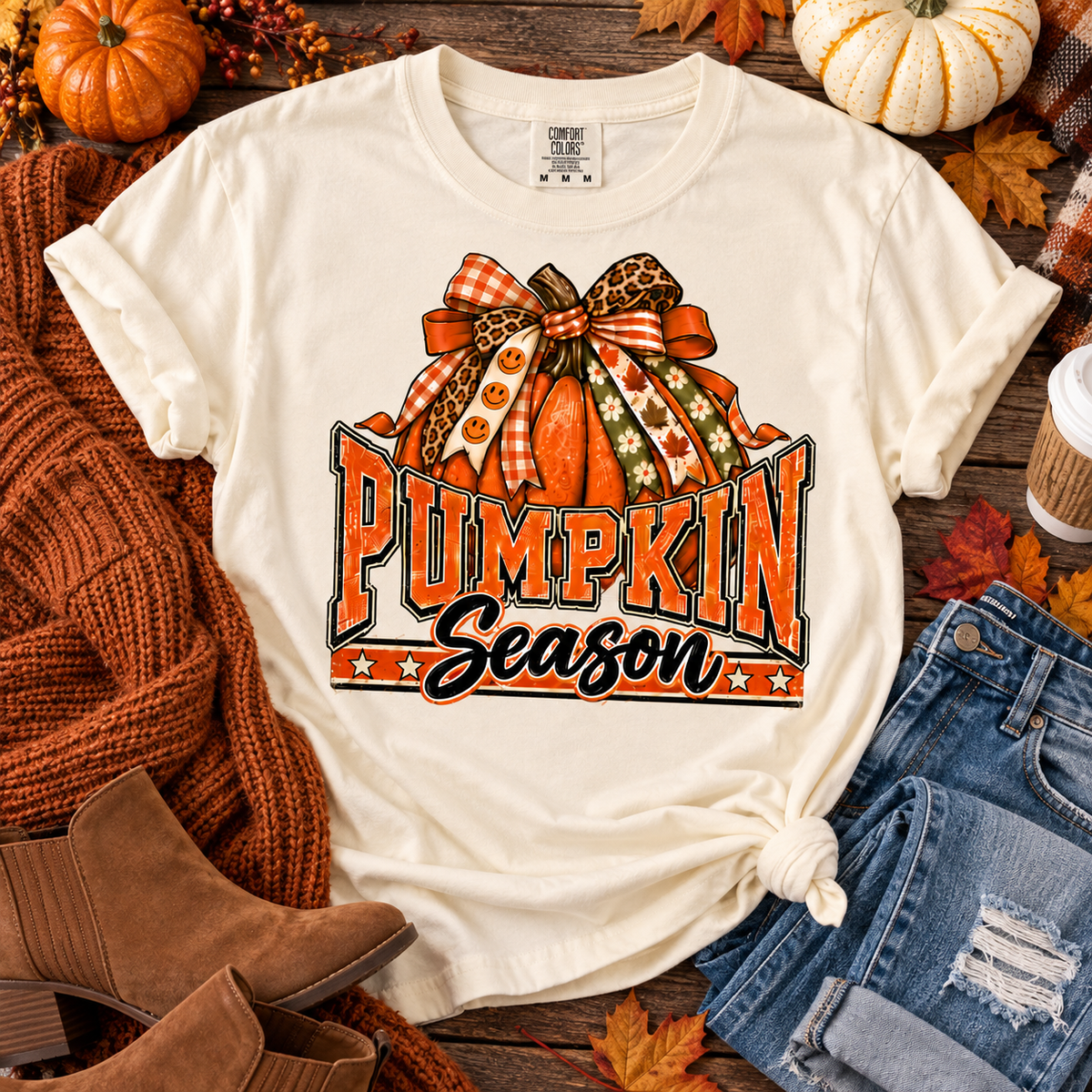 Pumpkin Season fall teacher tee with pumpkin and bow – color variant 3