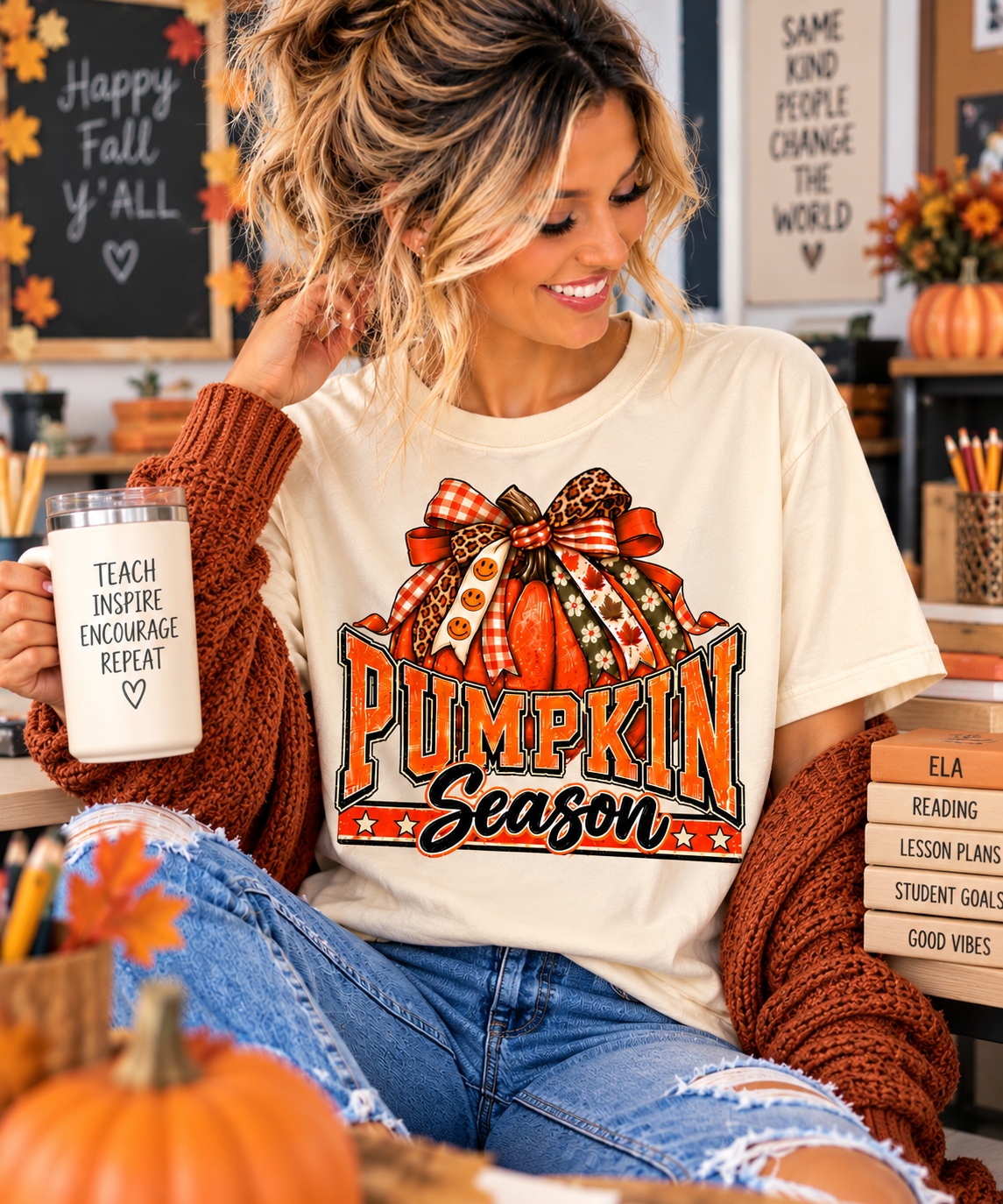 Pumpkin Season fall teacher tee with pumpkin and bow – color variant 4