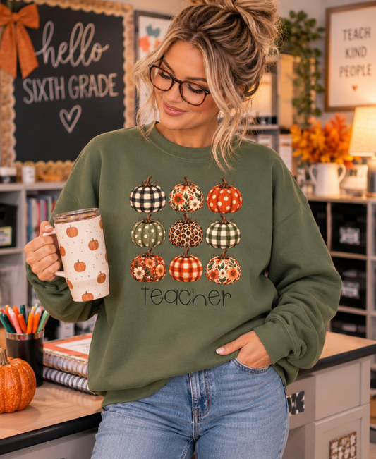 Fall Pumpkin teacher crewneck sweatshirt – front view