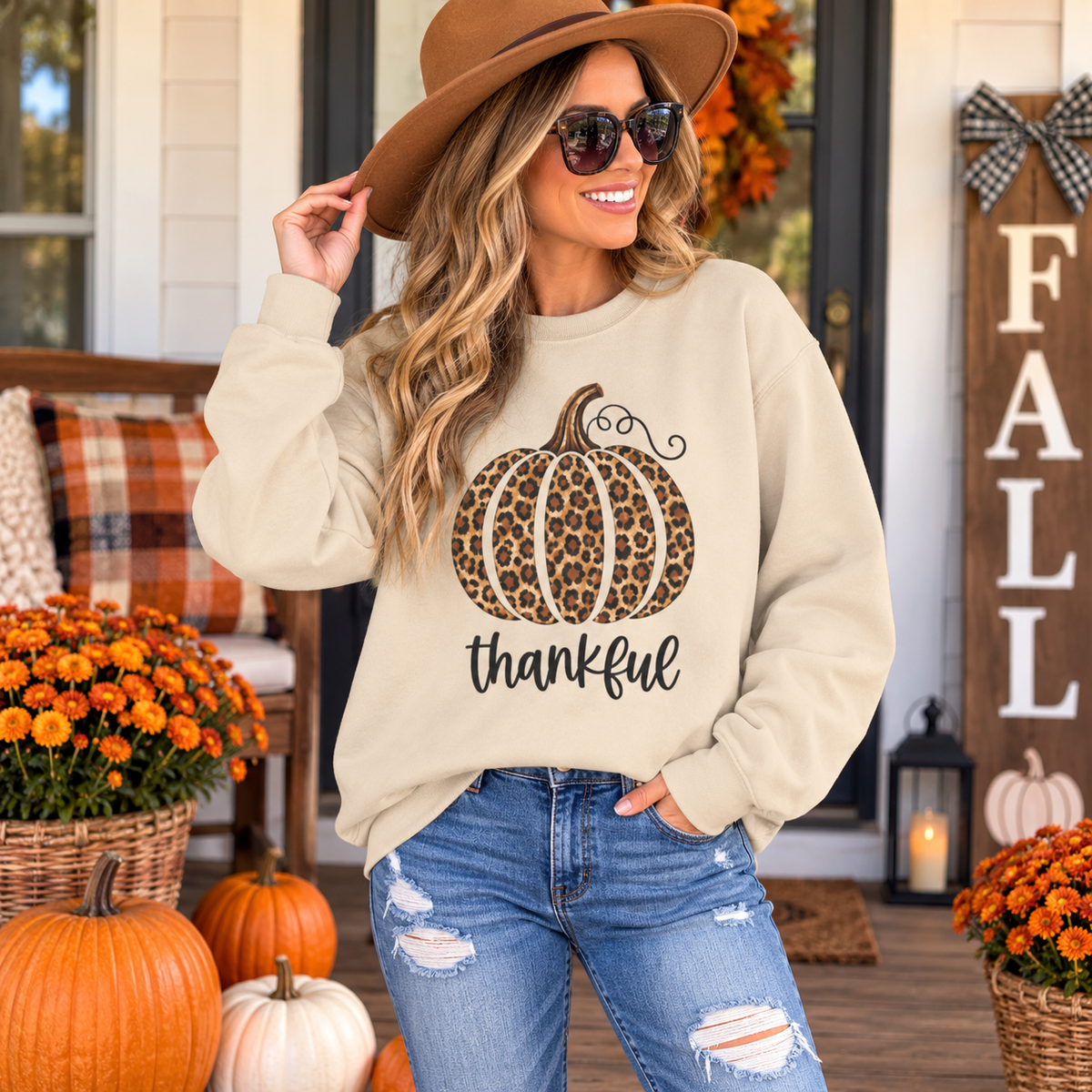 Thankful Leopard Pumpkin fall crewneck sweatshirt – front view
