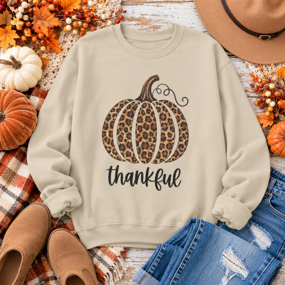 Thankful Leopard Pumpkin fall crewneck sweatshirt – styled lifestyle photo
