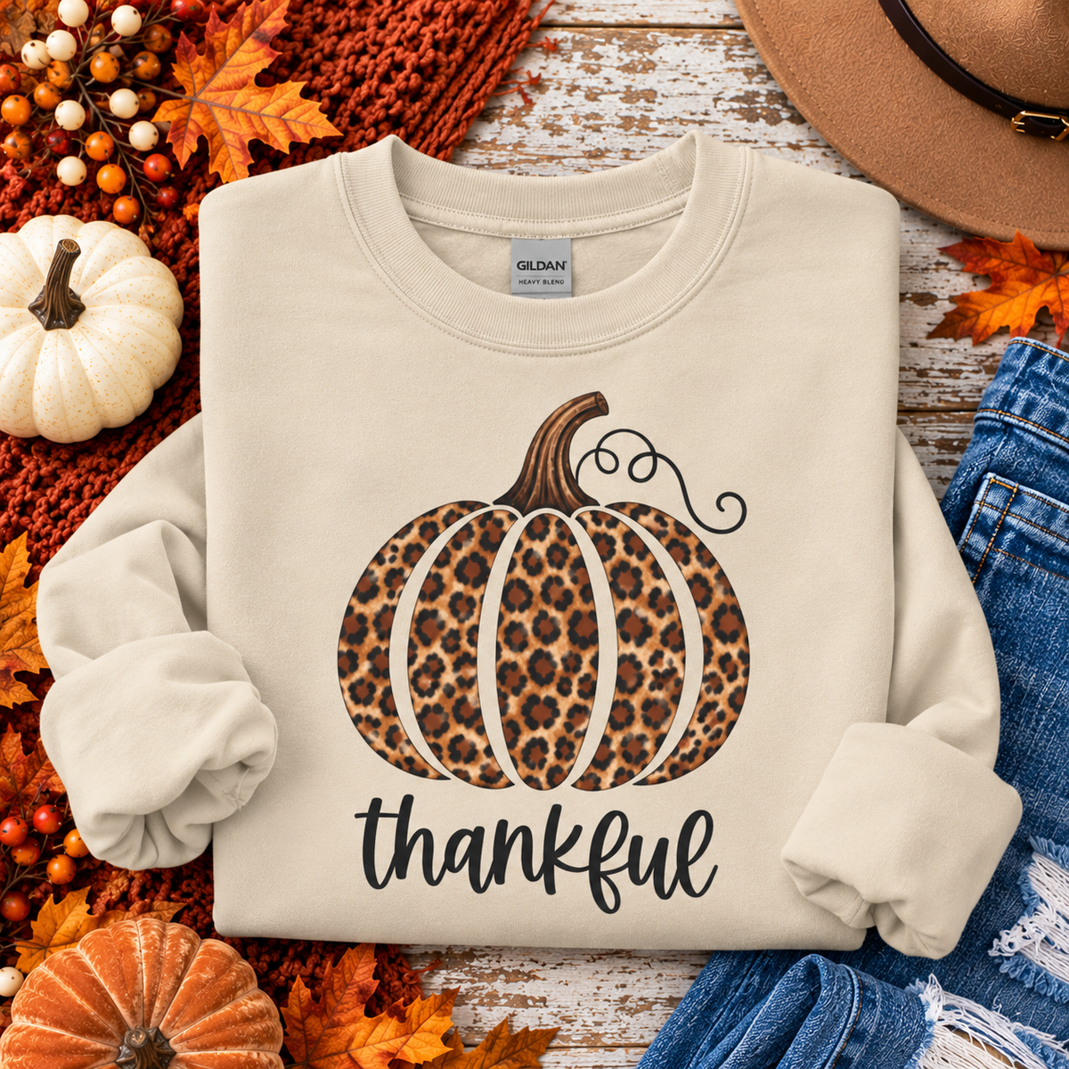Thankful Leopard Pumpkin fall crewneck sweatshirt – back view