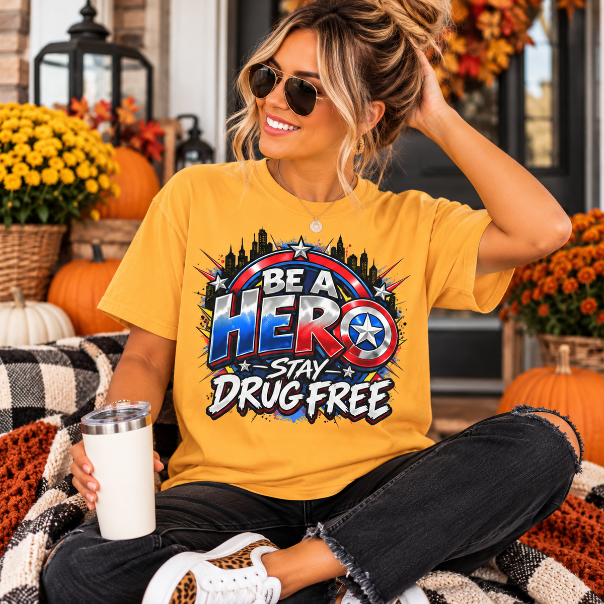 Red Ribbon Week teacher shirt - superhero shield Be a Hero Stay Drug Free design on gold Comfort Colors tee - styled lifestyle photo