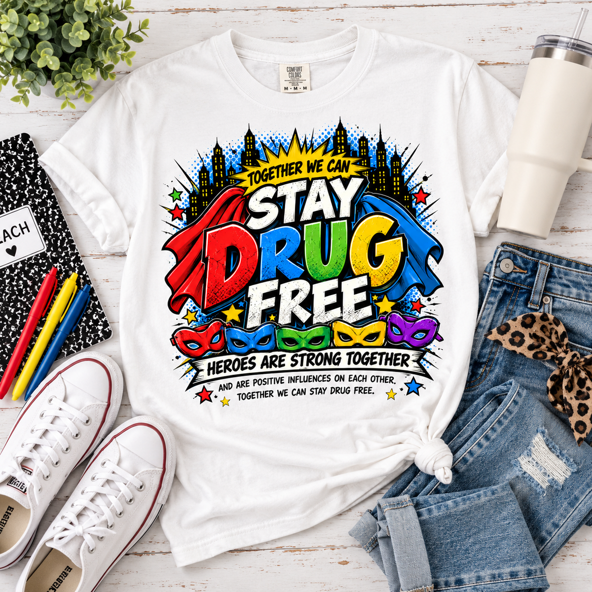 Red Ribbon Week teacher shirt - Together We Can Stay Drug Free heroes strong together comic design on white Comfort Colors tee - view 9
