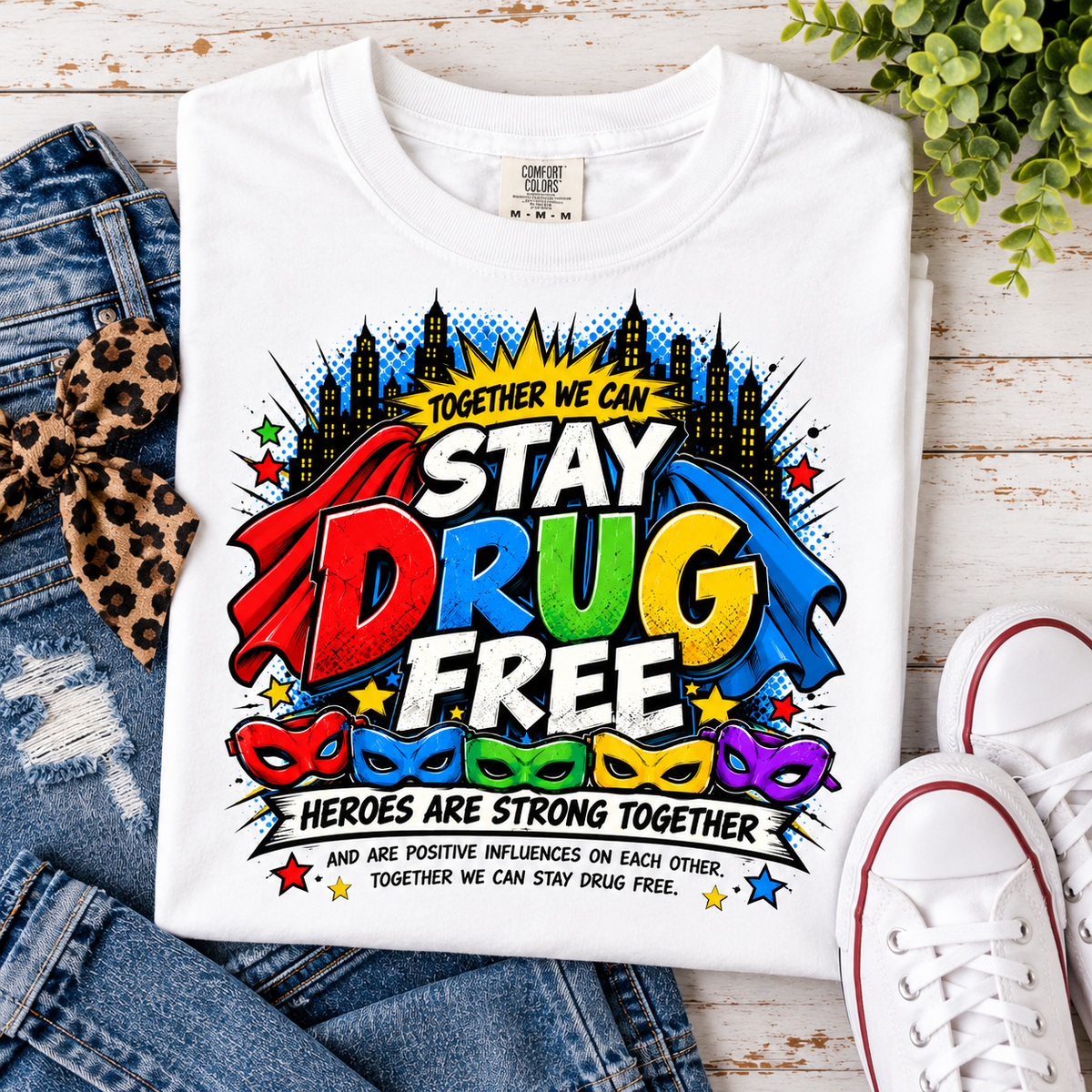 Red Ribbon Week teacher shirt - Together We Can Stay Drug Free heroes strong together comic design on white Comfort Colors tee - view 10