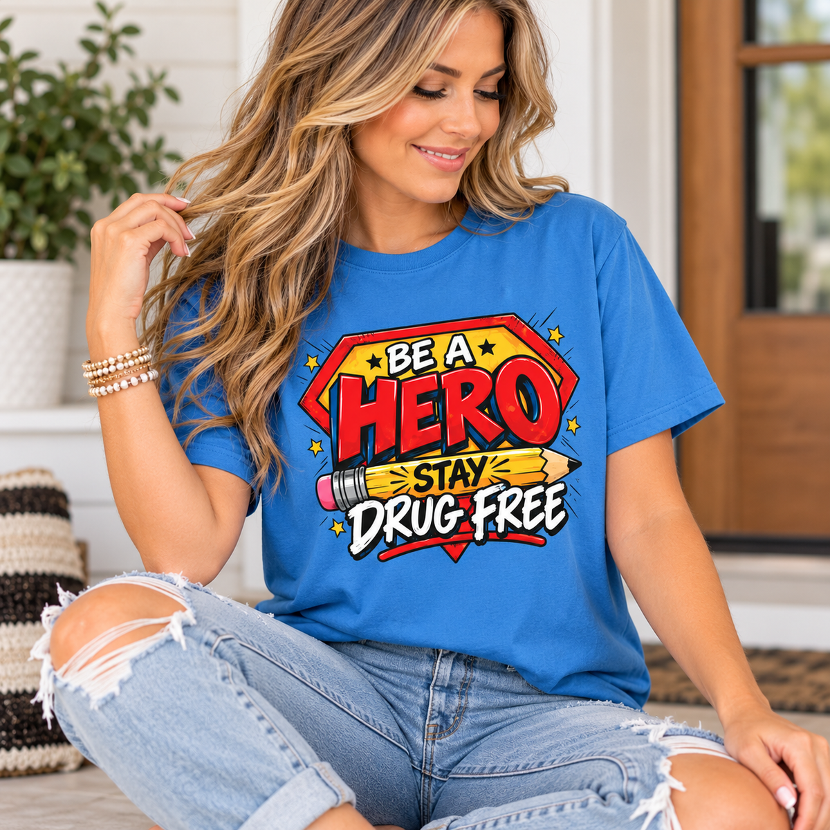 Red Ribbon Week teacher shirt - pencil hero Be a Hero Stay Drug Free design on blue Comfort Colors tee - view 8
