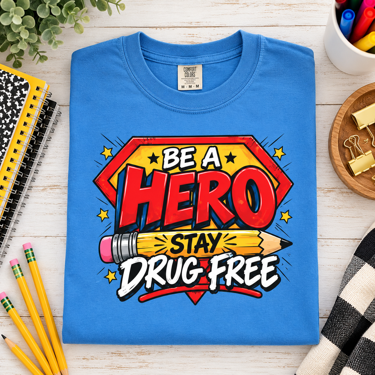 Red Ribbon Week teacher shirt - pencil hero Be a Hero Stay Drug Free design on blue Comfort Colors tee - view 9