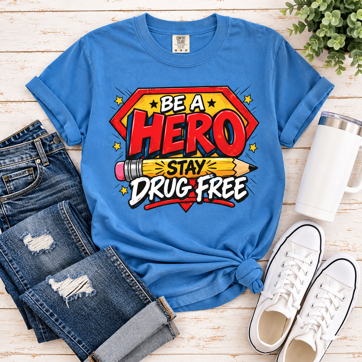Red Ribbon Week teacher shirt - pencil hero Be a Hero Stay Drug Free design on blue Comfort Colors tee - view 10