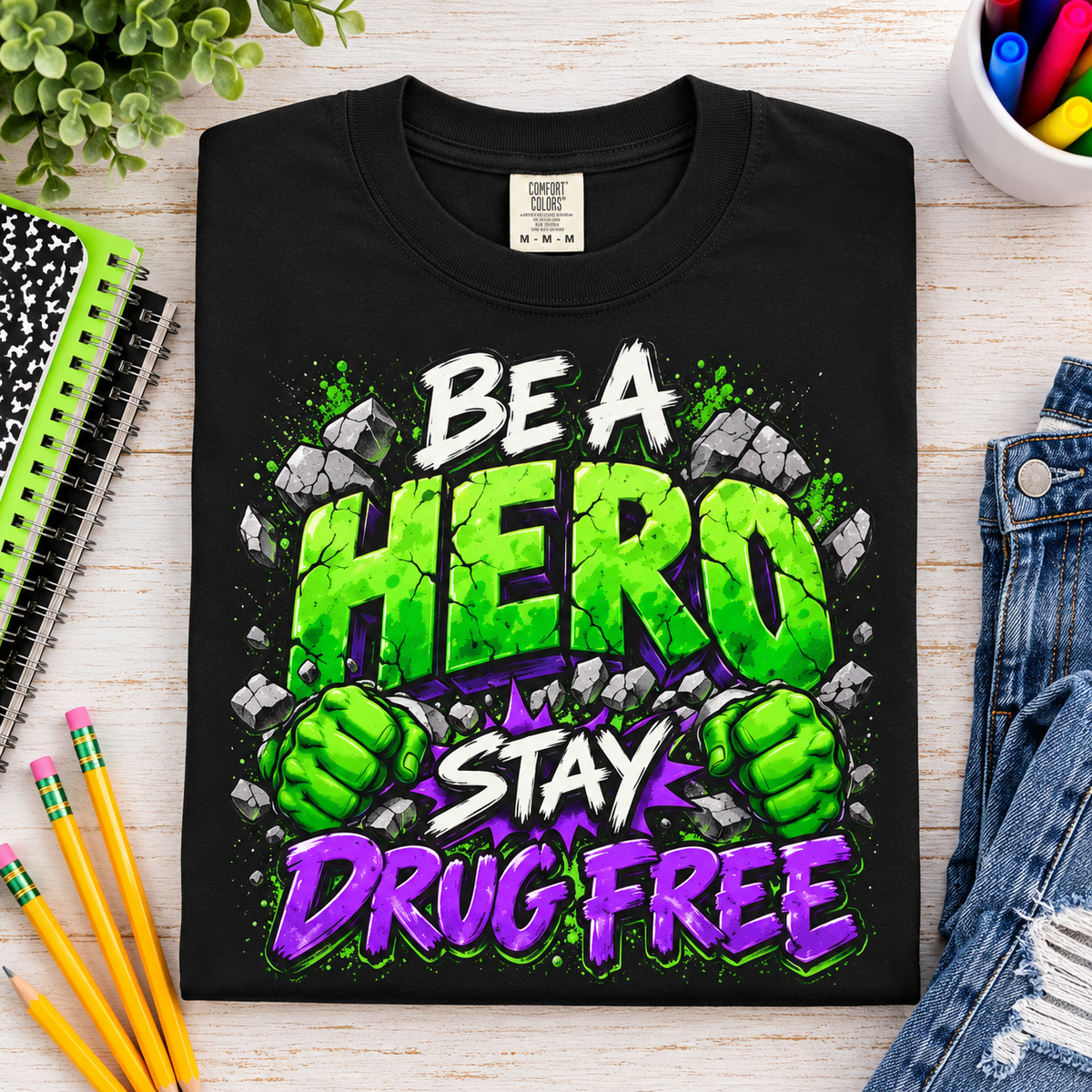Red Ribbon Week teacher shirt - green smash Be a Hero Stay Drug Free design on black Comfort Colors tee - view 8