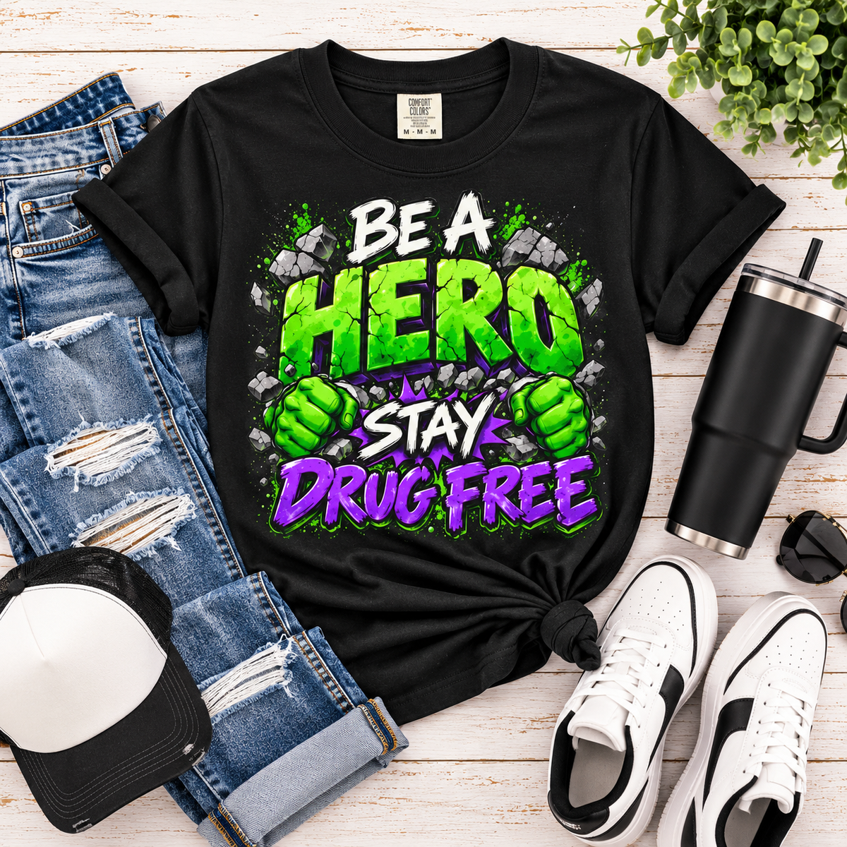 Red Ribbon Week teacher shirt - green smash Be a Hero Stay Drug Free design on black Comfort Colors tee - view 9