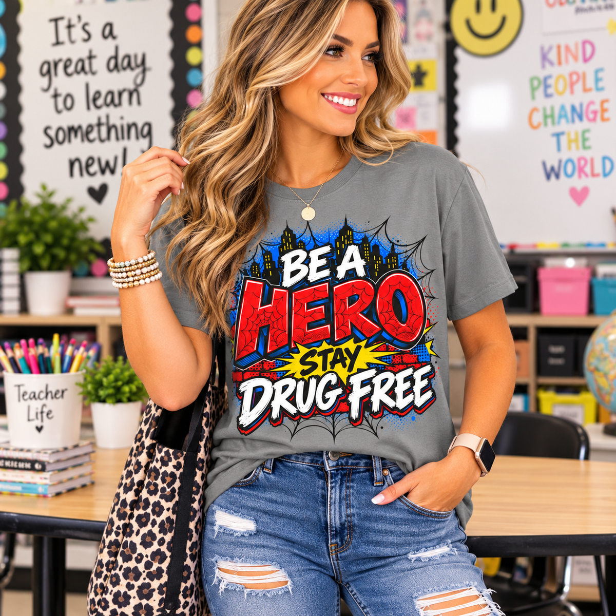 Red Ribbon Week teacher shirt - spider web Be a Hero Stay Drug Free design on grey Comfort Colors tee - front view