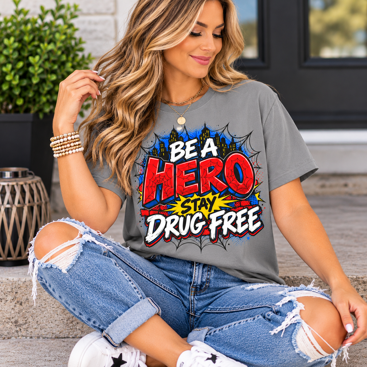 Red Ribbon Week teacher shirt - spider web Be a Hero Stay Drug Free design on grey Comfort Colors tee - view 8