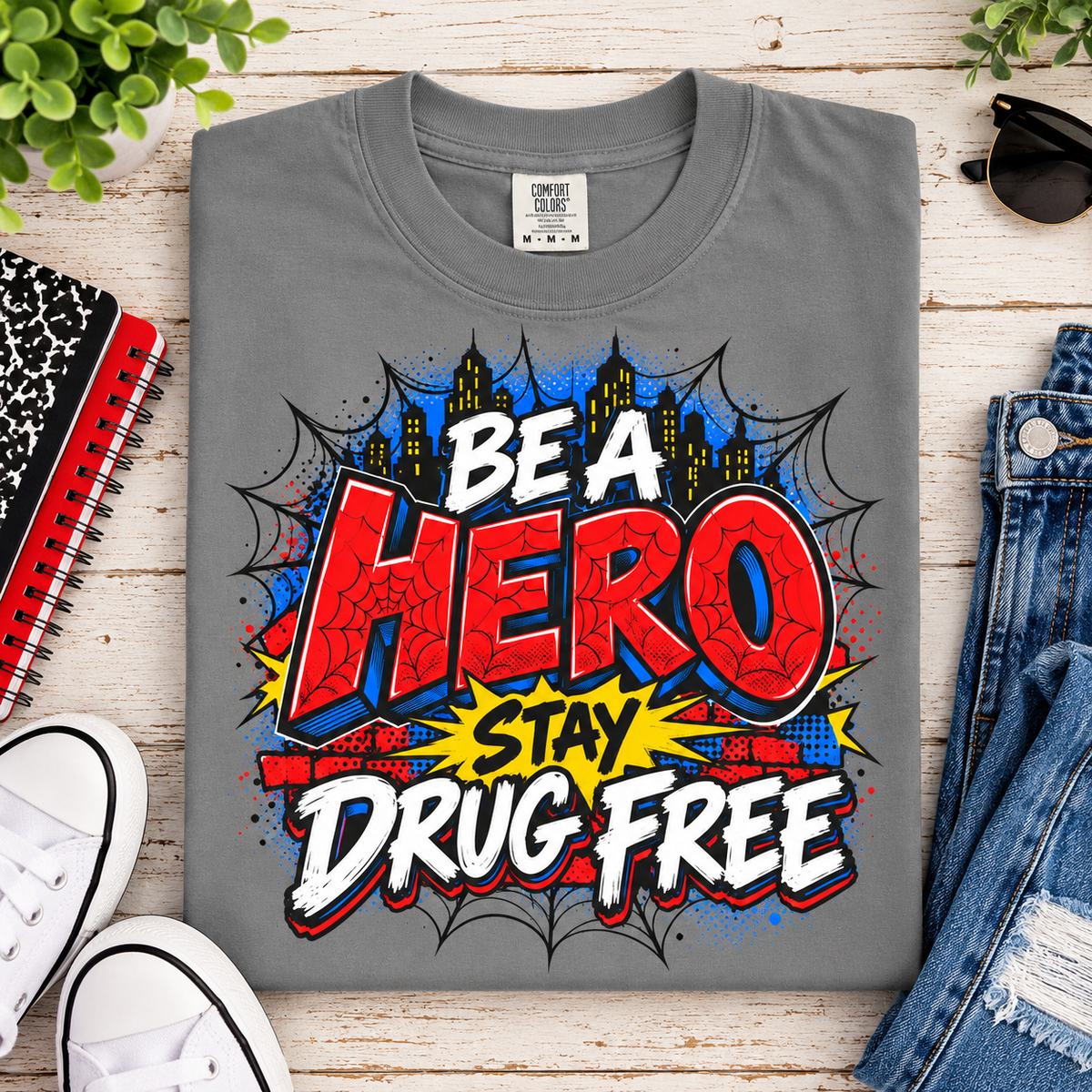 Red Ribbon Week teacher shirt - spider web Be a Hero Stay Drug Free design on grey Comfort Colors tee - view 10
