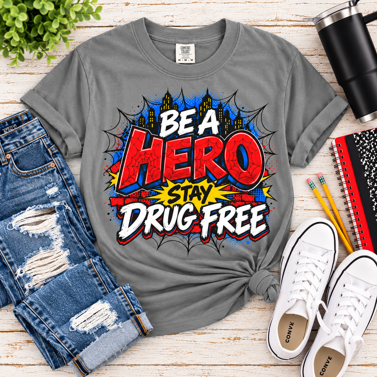 Red Ribbon Week teacher shirt - spider web Be a Hero Stay Drug Free design on grey Comfort Colors tee - view 9