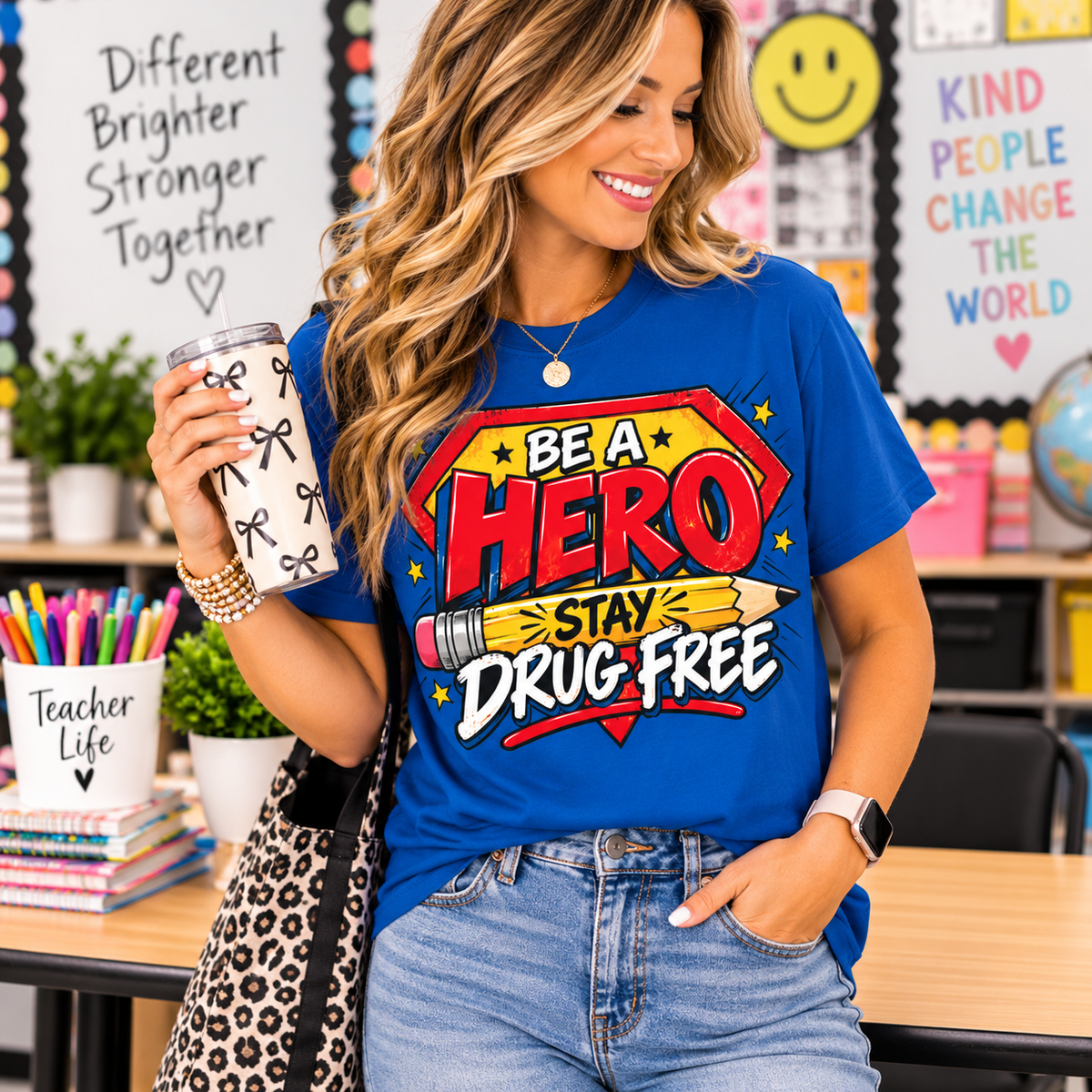 Red Ribbon Week teacher shirt - pencil hero Be a Hero Stay Drug Free design on royal blue Gildan Softstyle tee - teacher in classroom