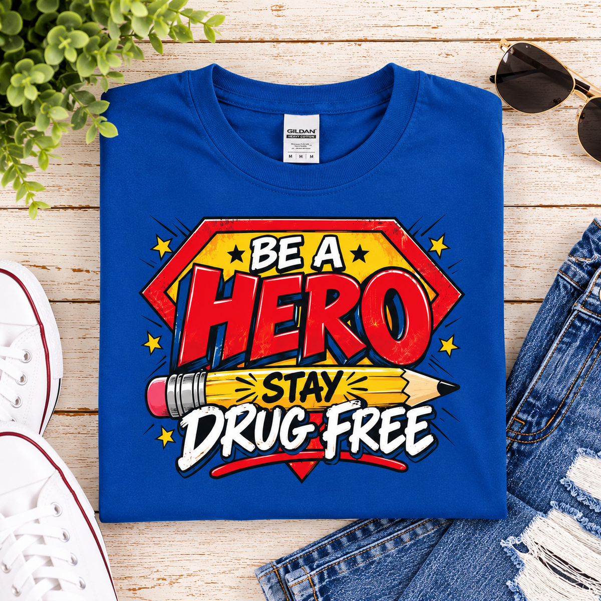 Red Ribbon Week teacher shirt - pencil hero Be a Hero Stay Drug Free design on royal blue Gildan Softstyle tee - flat lay close-up