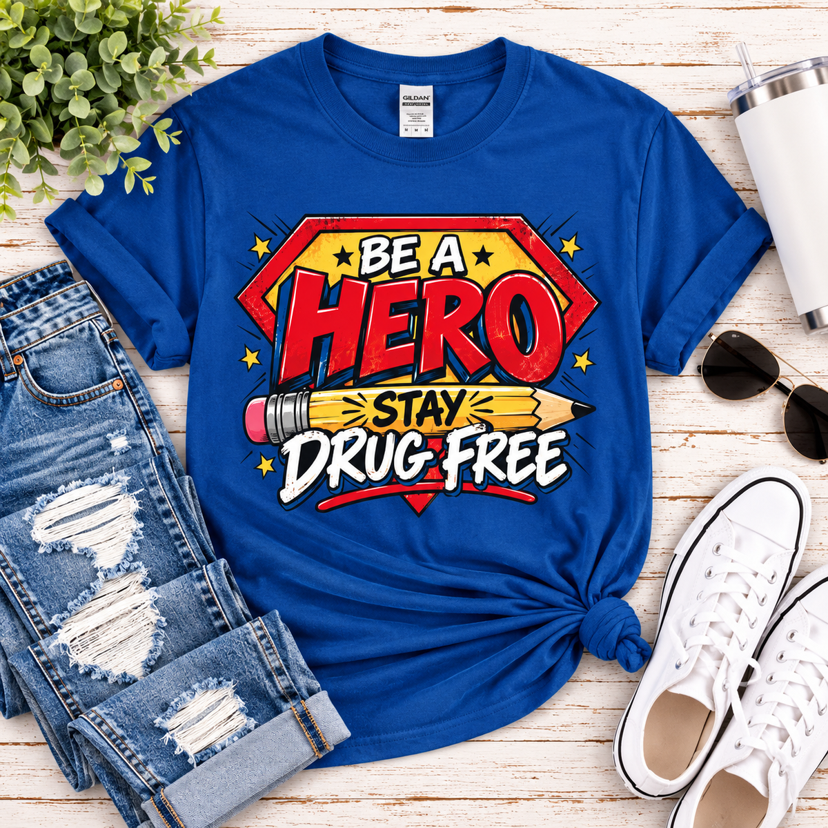 Red Ribbon Week teacher shirt - pencil hero Be a Hero Stay Drug Free design on royal blue Gildan Softstyle tee - flat lay outfit photo
