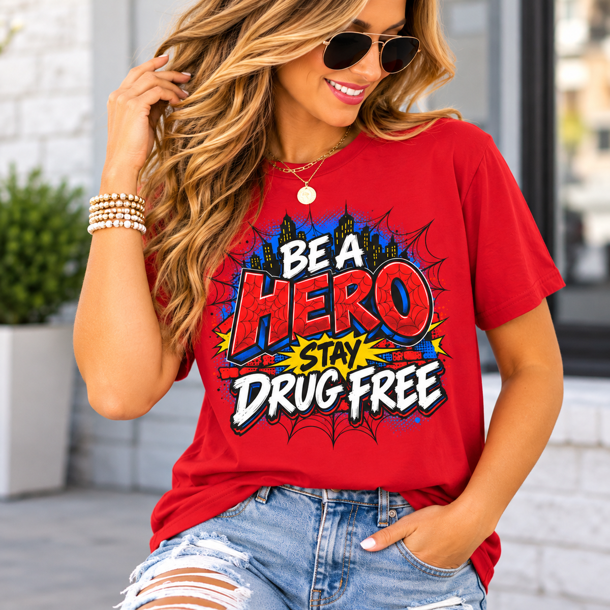 Red Ribbon Week teacher shirt - spider web Be a Hero Stay Drug Free superhero design on red Gildan Softstyle tee - teacher wearing it, lifestyle photo