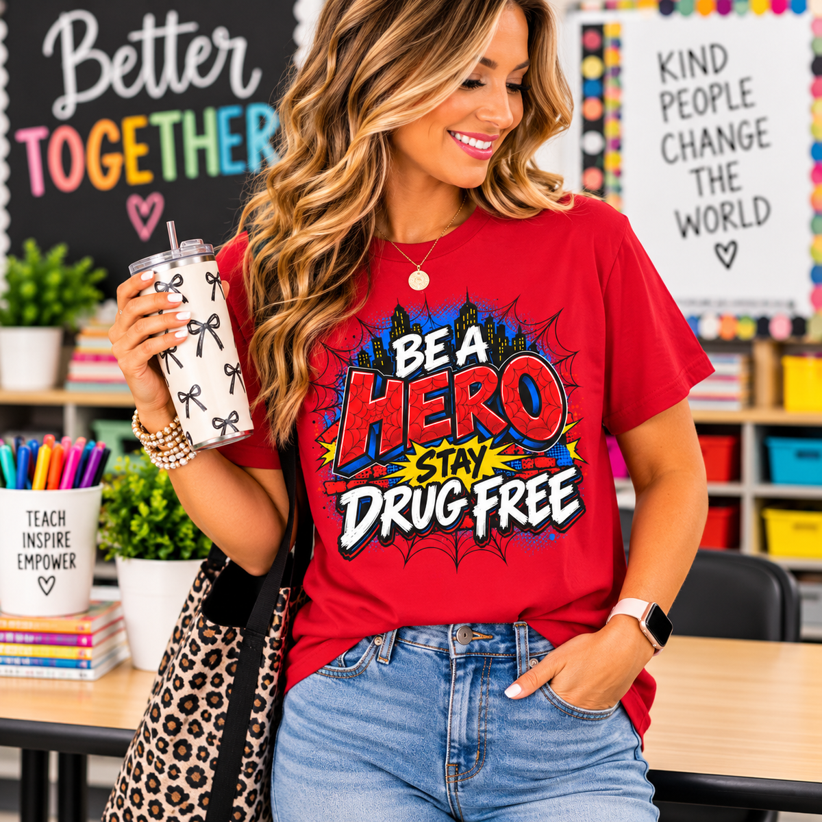 Red Ribbon Week teacher shirt - spider web Be a Hero Stay Drug Free superhero design on red Gildan Softstyle tee - teacher in classroom