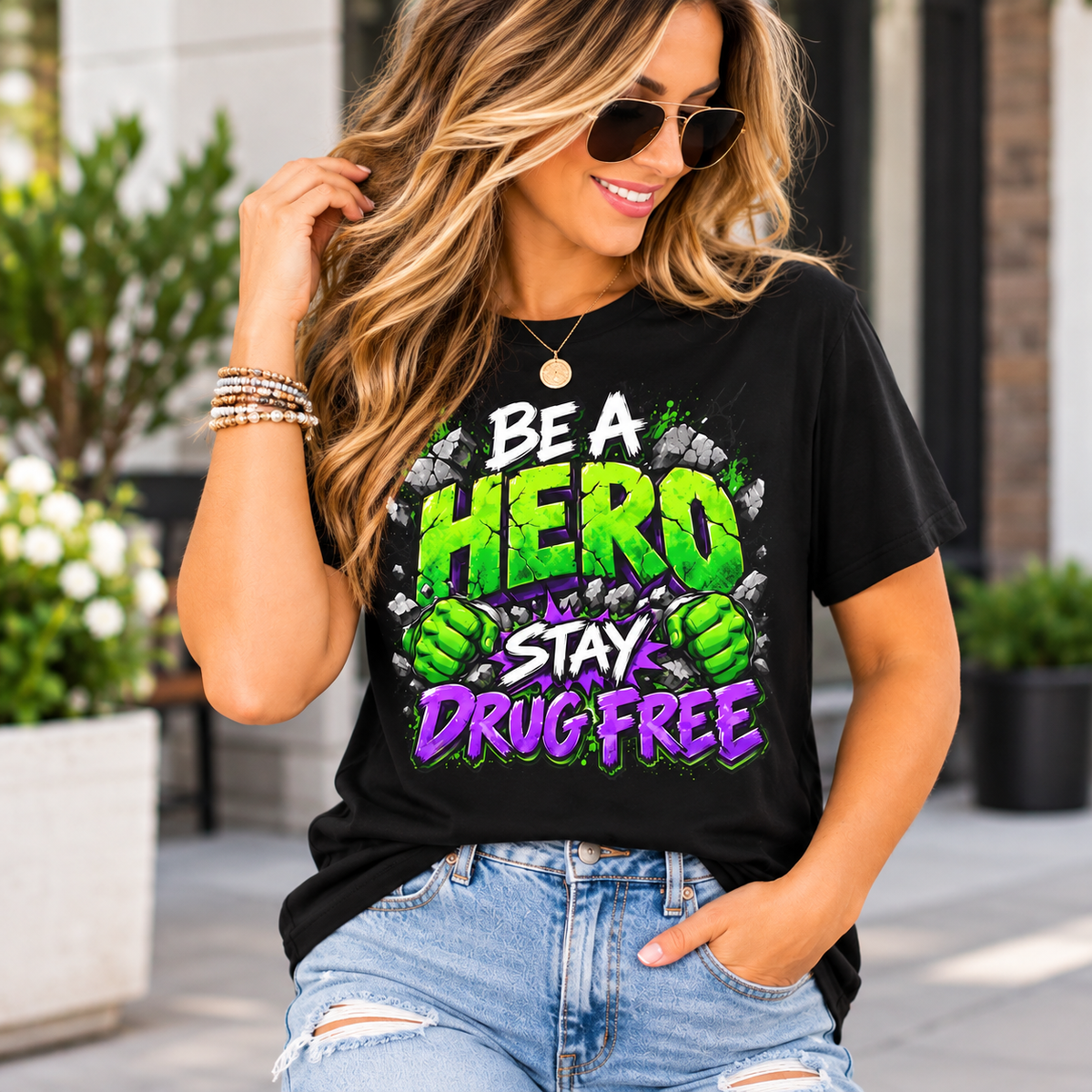 Red Ribbon Week teacher shirt - green smash Be a Hero Stay Drug Free superhero design on black Gildan Softstyle tee - teacher wearing it, lifestyle photo