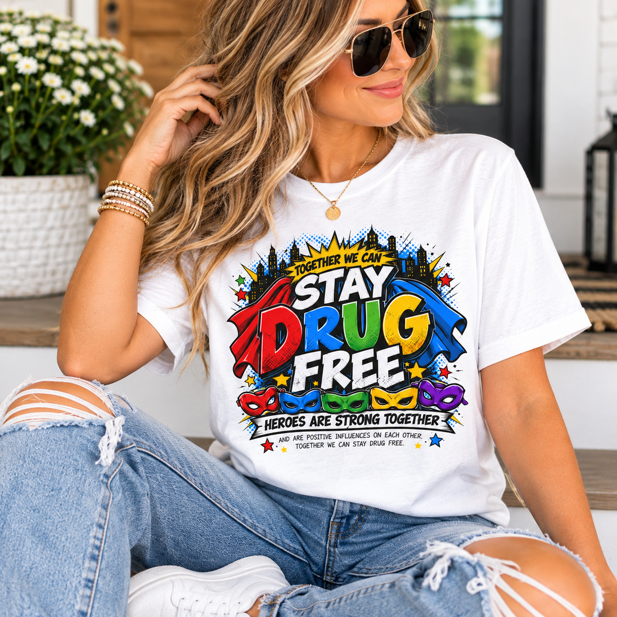 Red Ribbon Week teacher shirt - Together We Can Stay Drug Free heroes design on white Gildan Softstyle tee - teacher wearing it, lifestyle photo