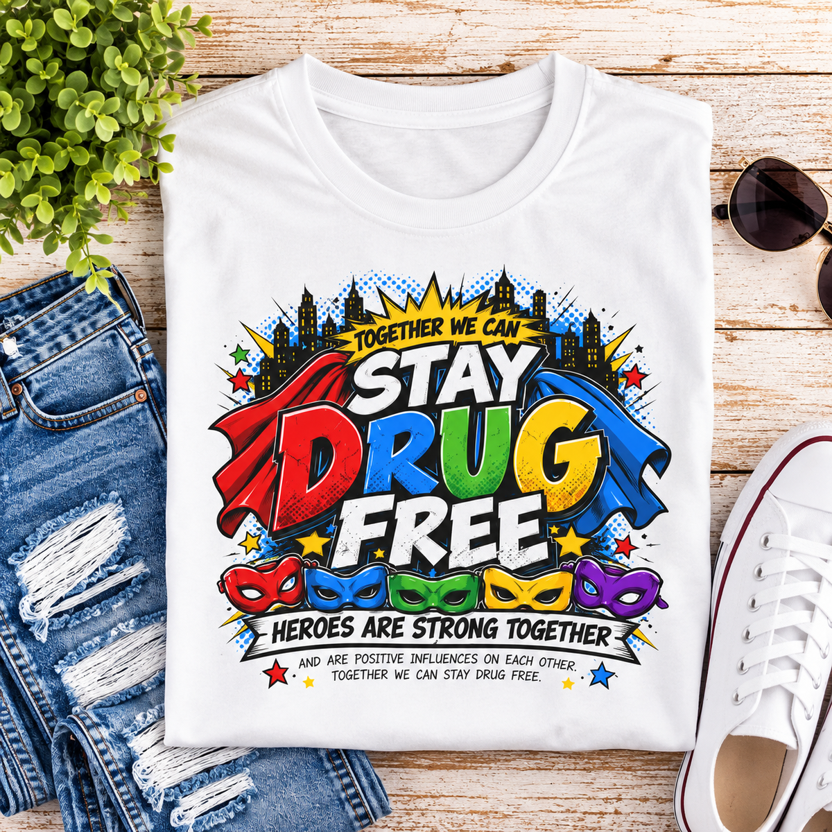 Red Ribbon Week teacher shirt - Together We Can Stay Drug Free heroes design on white Gildan Softstyle tee - flat lay close-up