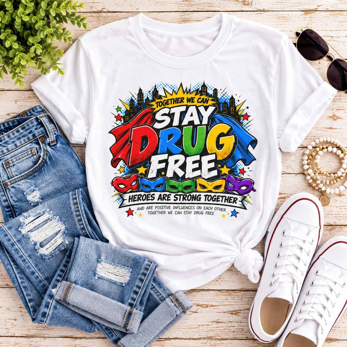 Red Ribbon Week teacher shirt - Together We Can Stay Drug Free heroes design on white Gildan Softstyle tee - flat lay outfit photo