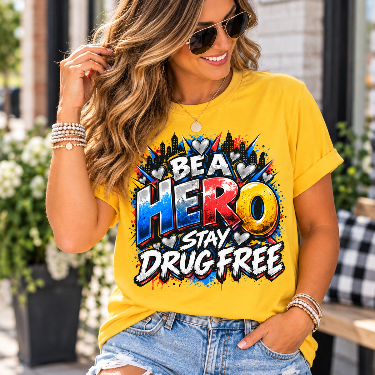 Red Ribbon Week teacher shirt - hero heart Be a Hero Stay Drug Free design on daisy yellow Gildan Softstyle tee - teacher wearing it, lifestyle photo