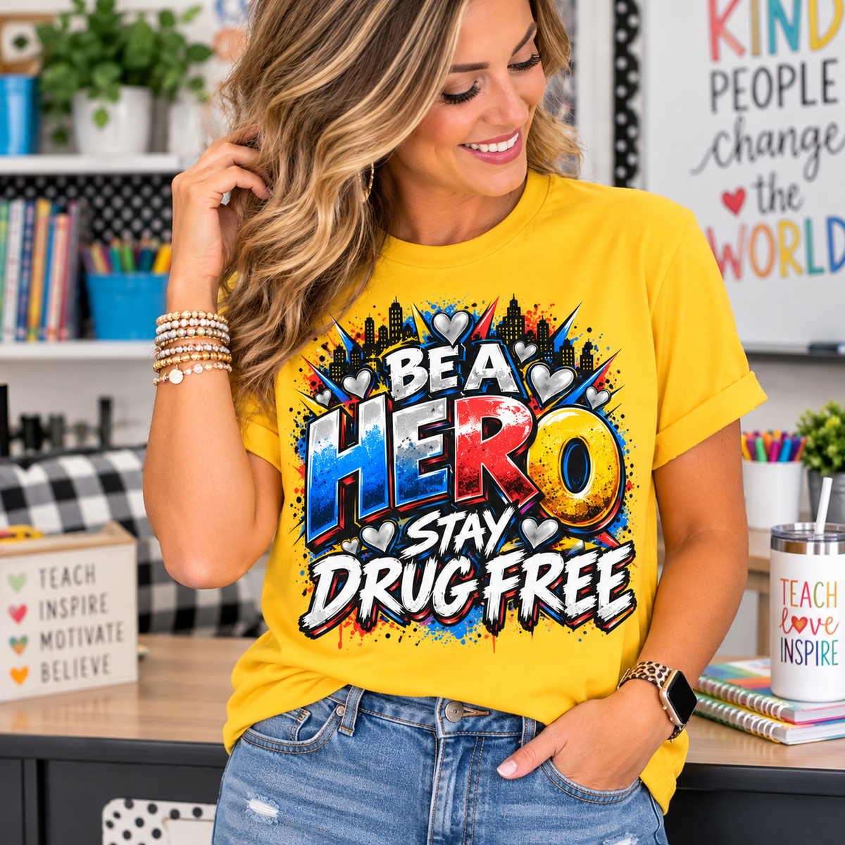 Red Ribbon Week teacher shirt - hero heart Be a Hero Stay Drug Free design on daisy yellow Gildan Softstyle tee - teacher in classroom