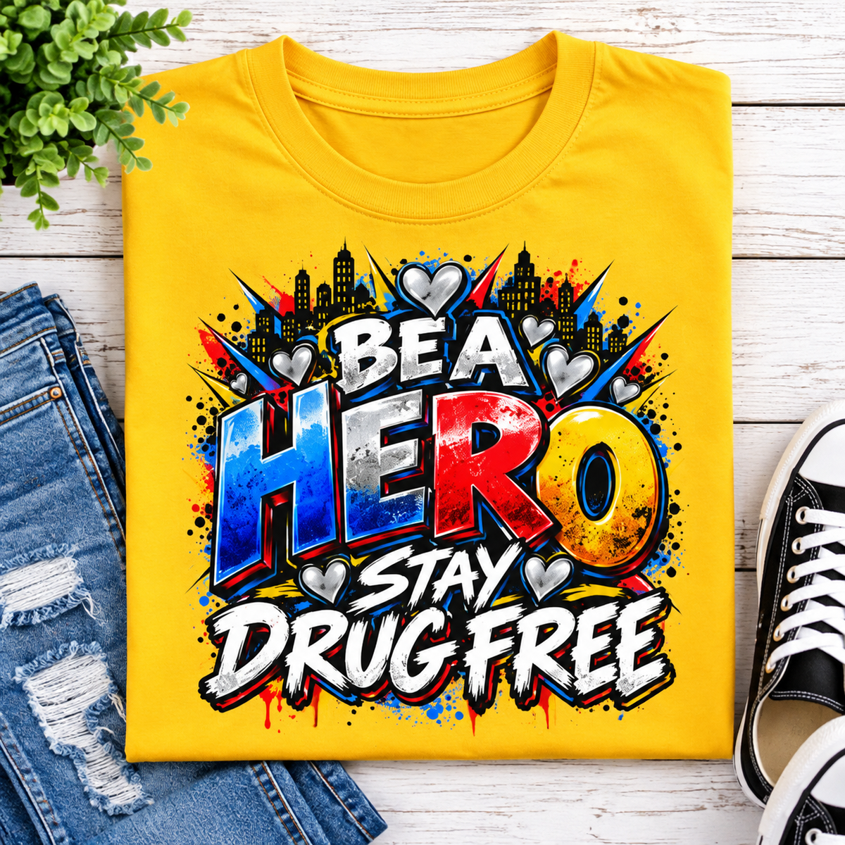 Red Ribbon Week teacher shirt - hero heart Be a Hero Stay Drug Free design on daisy yellow Gildan Softstyle tee - flat lay close-up